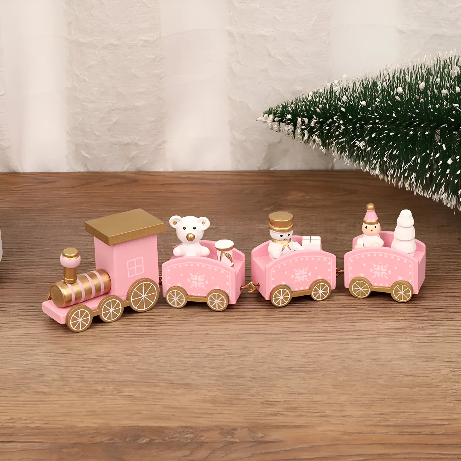Handcrafted wooden Christmas train ornament in modern simple cartoon style, available in multiple colours