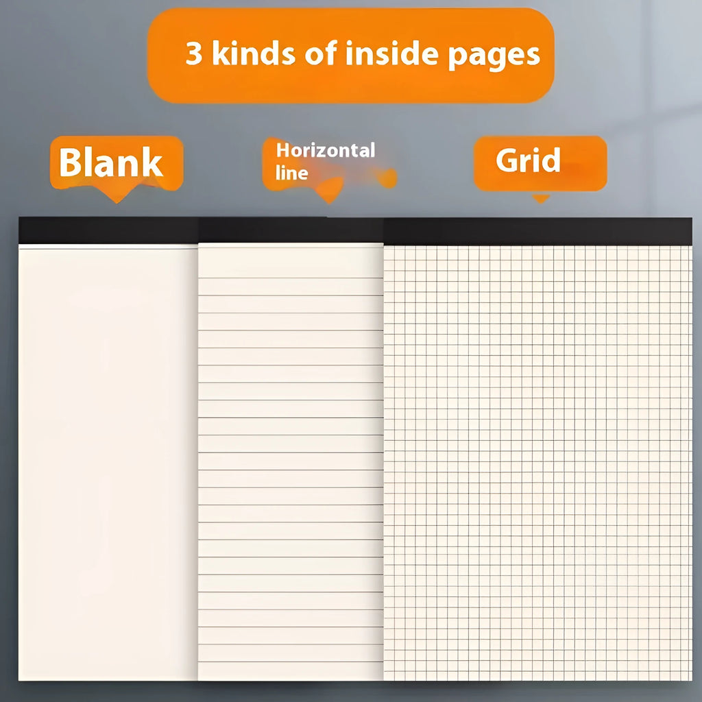Set of A5, B5 and A4 writing pads showing blank, grid and horizontal line page styles.