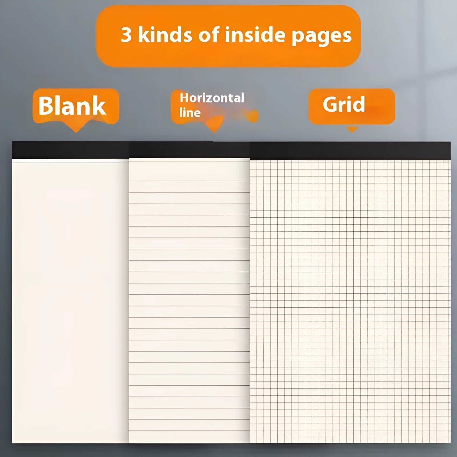 Set of A5, B5 and A4 writing pads showing blank, grid and horizontal line page styles.
