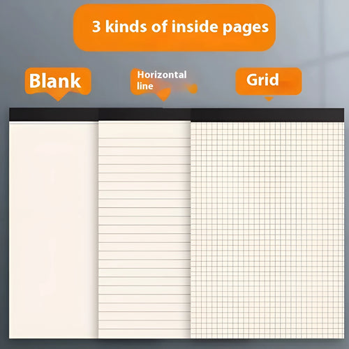 Set of A5, B5 and A4 writing pads showing blank, grid and horizontal line page styles.