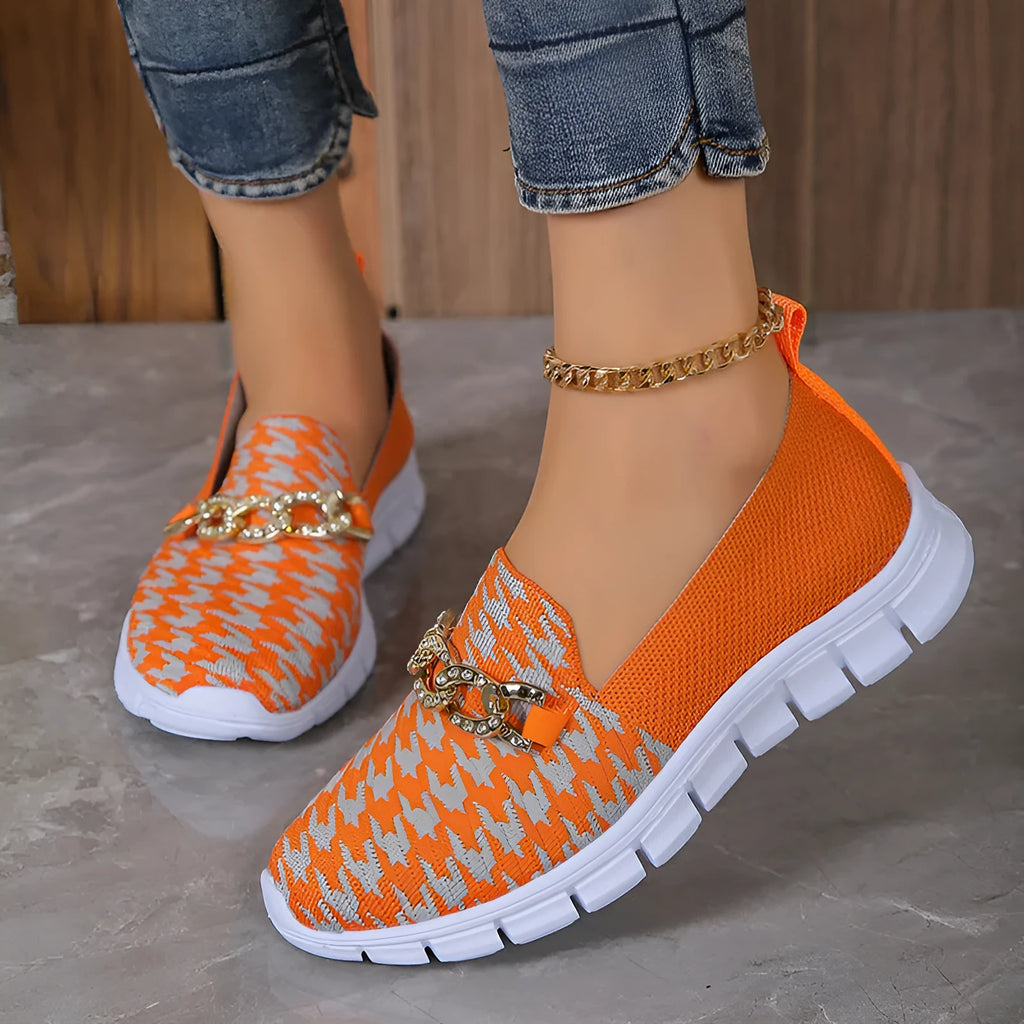 Casual houndstooth print chain mesh shoes for women, low heel, round toe, rubber sole