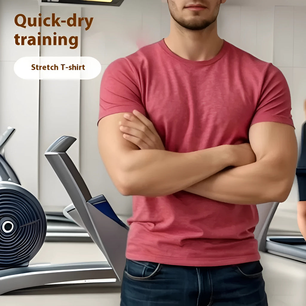 Men's tight stretch casual short sleeve t-shirt in black, gray, green, or pink colours with round neck design