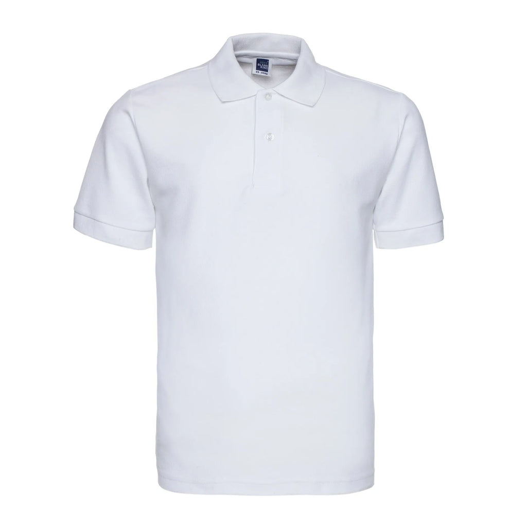 Men's solid colour short sleeve polo shirt with lapel collar on a hanger, loose fit.