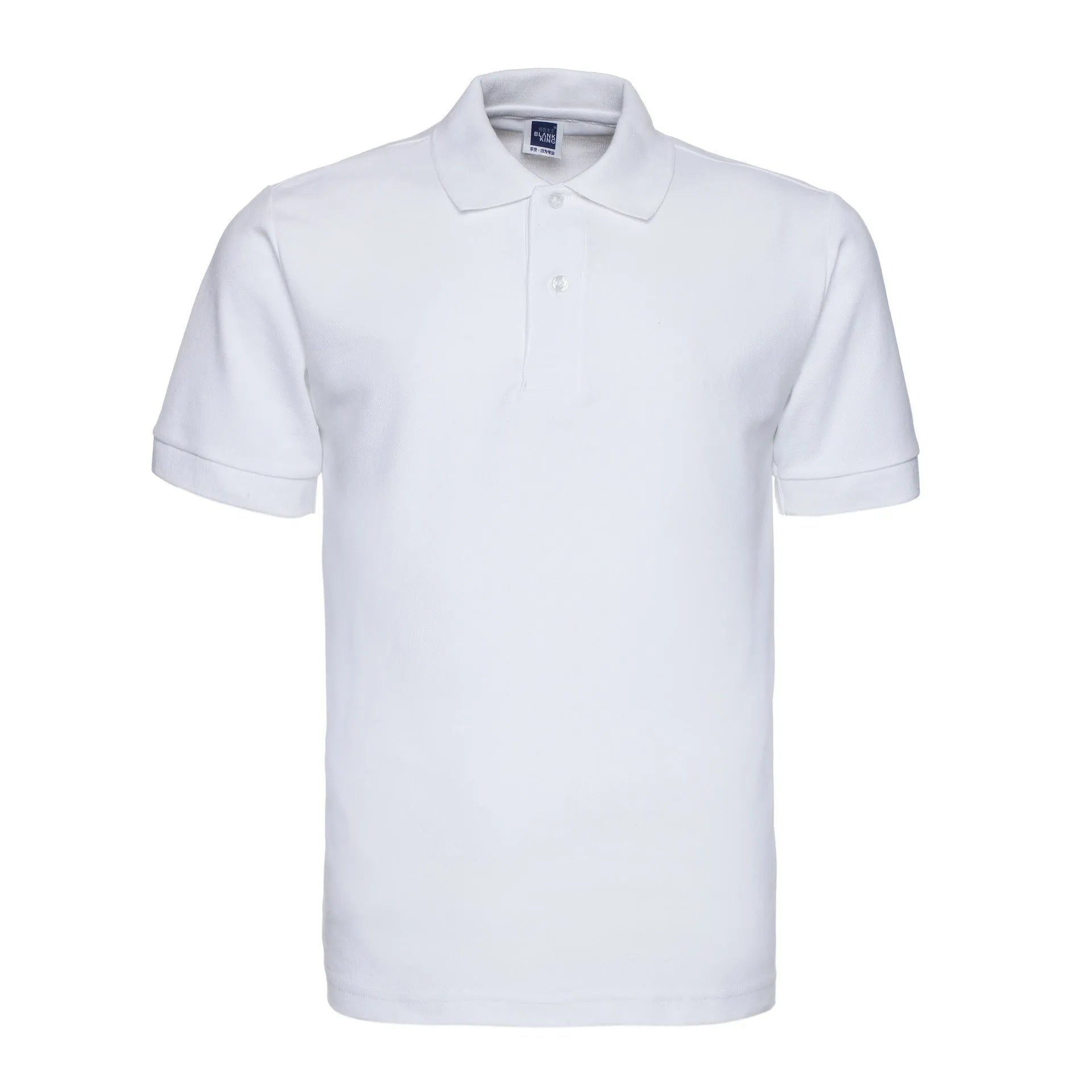 Men's solid colour short sleeve polo shirt with lapel collar on a hanger, loose fit.