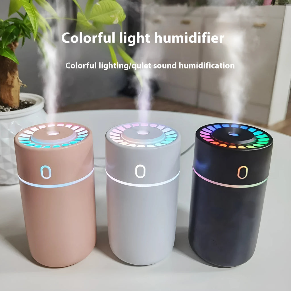 Magic Light USB humidifier in white, pink, or black, round plastic body, heavy fog, for car or desktop use under 10 square metres