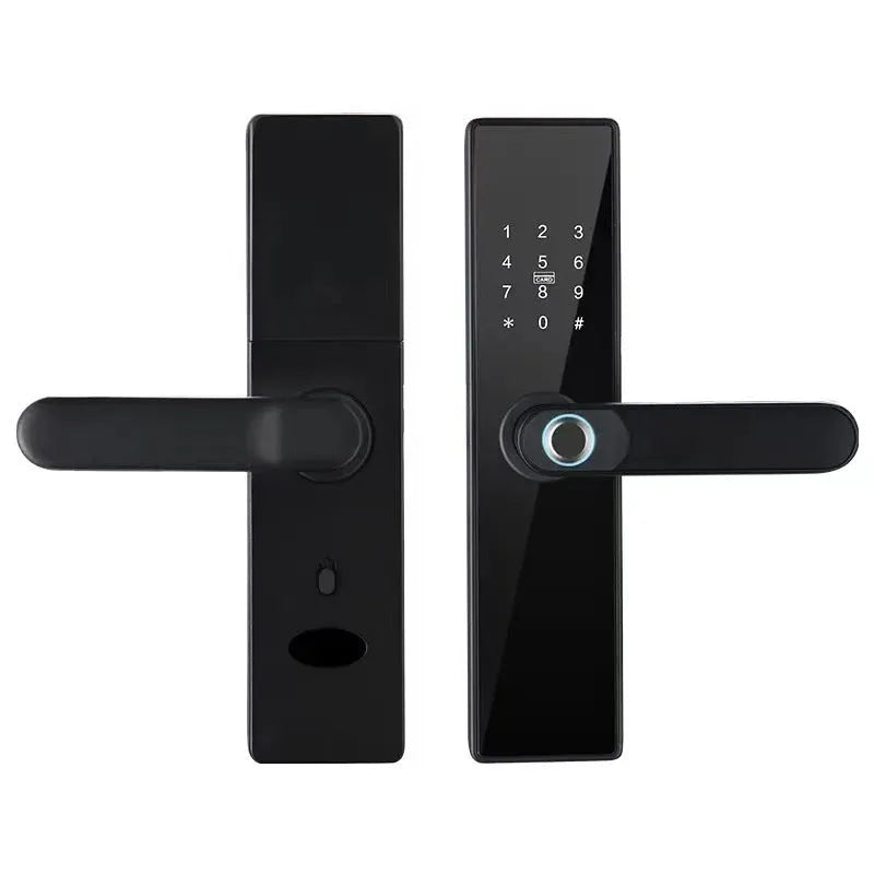 Alloy wooden door fingerprint lock in black with Graffiti WiFi connectivity for keyless entry