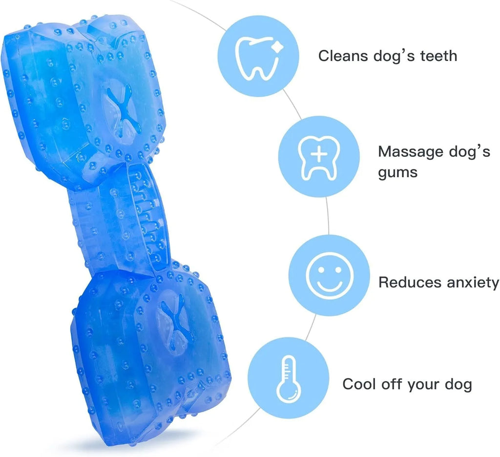 Blue freezable dog chew toy in bone and circle shapes for teething and cooling relief.