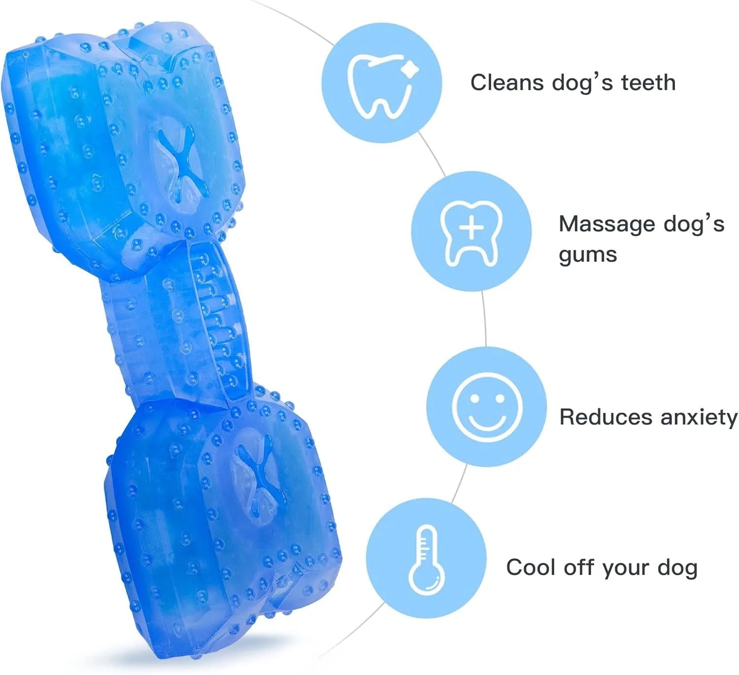 Blue freezable dog chew toy in bone and circle shapes for teething and cooling relief.