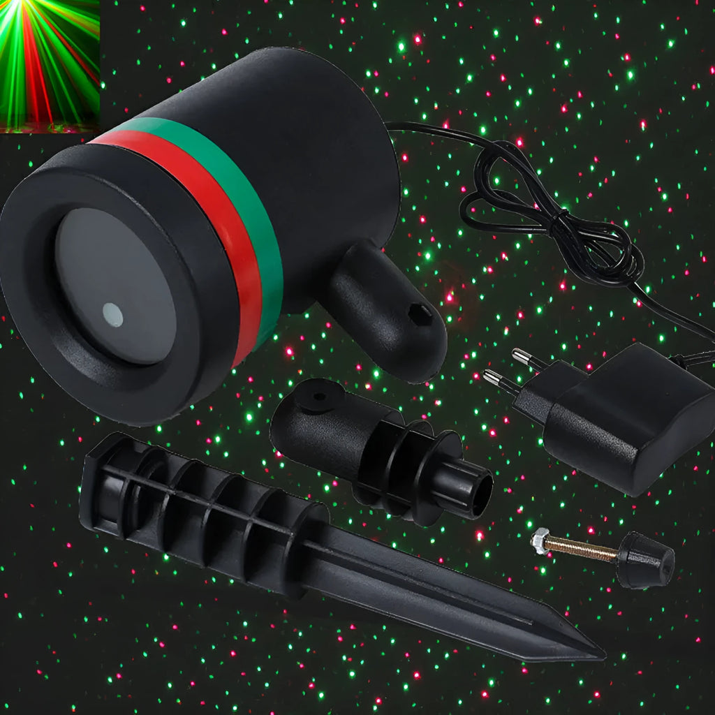 Gypsophila USB laser light Christmas lawn lamp with IP44 waterproof housing, showing red and green laser projection on garden grass at night