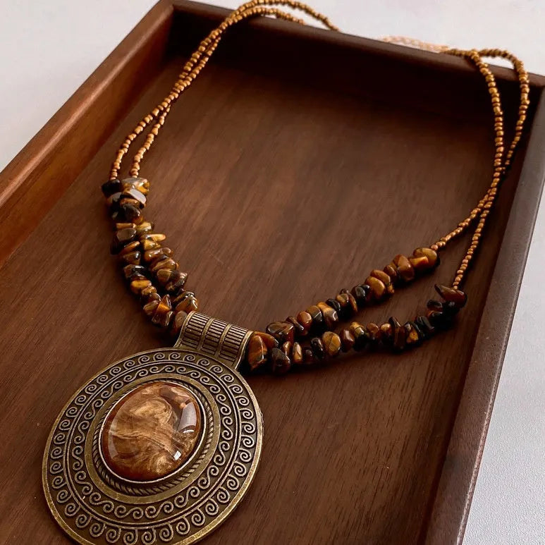 Irregular tiger eye stone oval pendant necklace with retro electroplated finish on adjustable clavicle chain, coffee colour, women's Chinese style jewellery