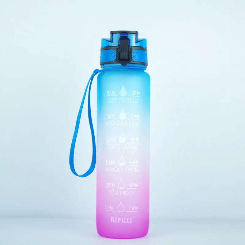 Transparent 1000ml sports water bottle with fruit infuser showing BPA-free Tritan construction
