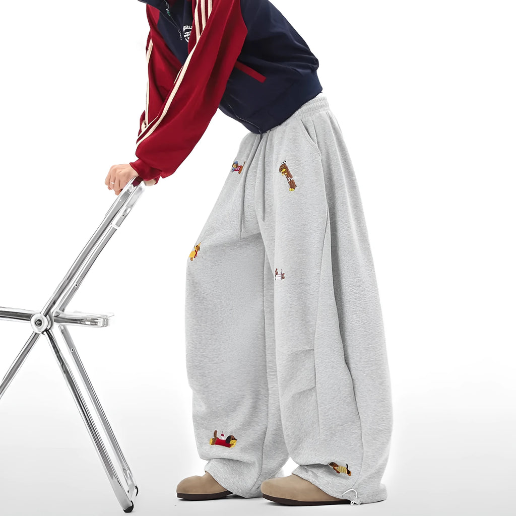 Lazy Sausage Dog embroidered machete sweatpants for men, loose fit, polyester, autumn, gray