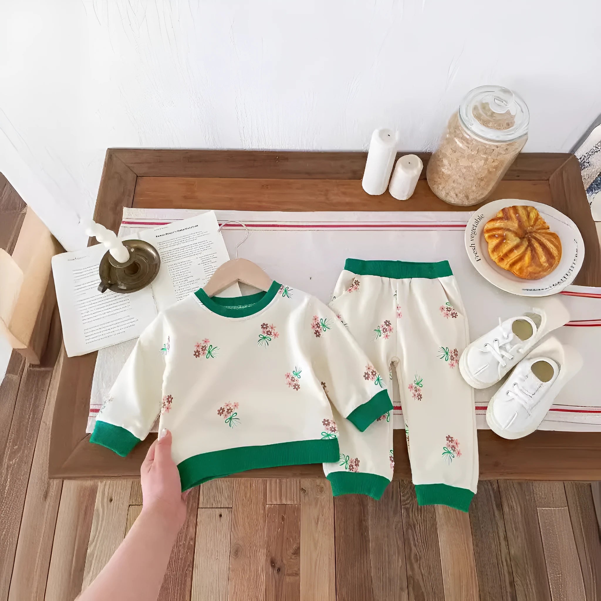 Baby western style small flower suit green cotton long sleeve shirt and pants set pullover