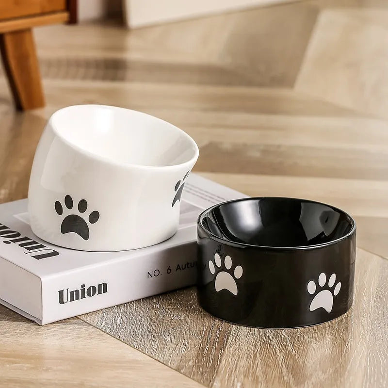 Ceramic cat food bowl with high foot and cat's paw print in chosen colour.
