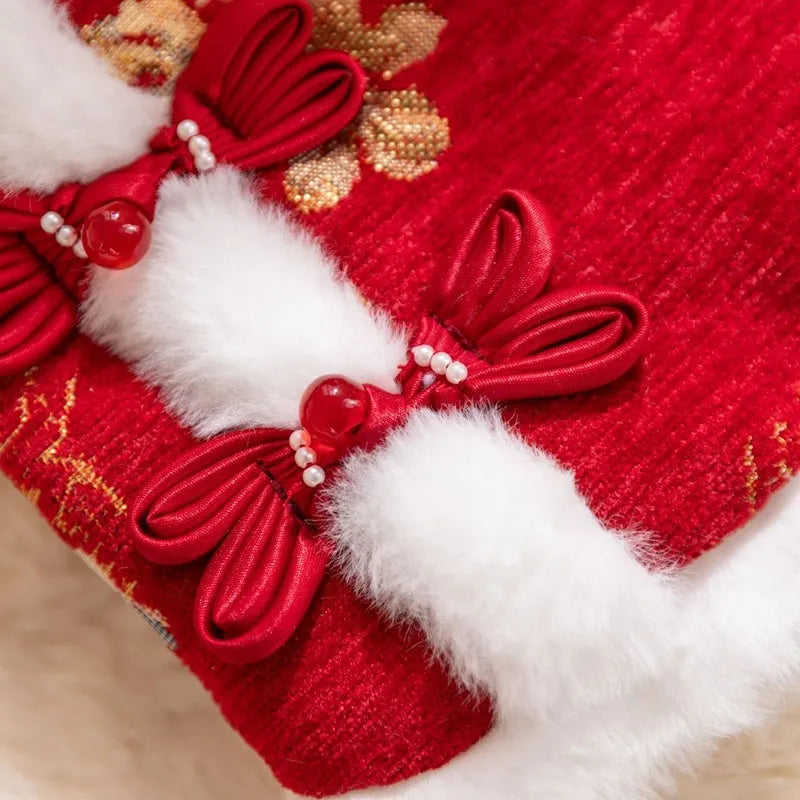 Pet Chinese New Year Tang suit coat with frog knot closure, brocade fabric, and fluffy fur trim on a small dog