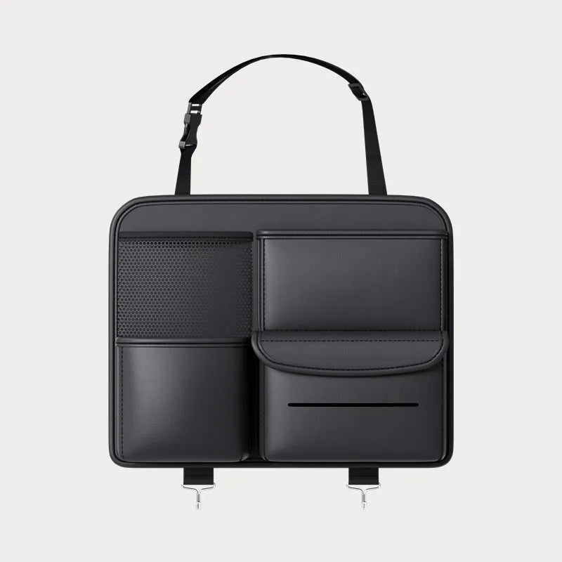 Black leather car seat back hanging storage bag with handle for vehicle organisation