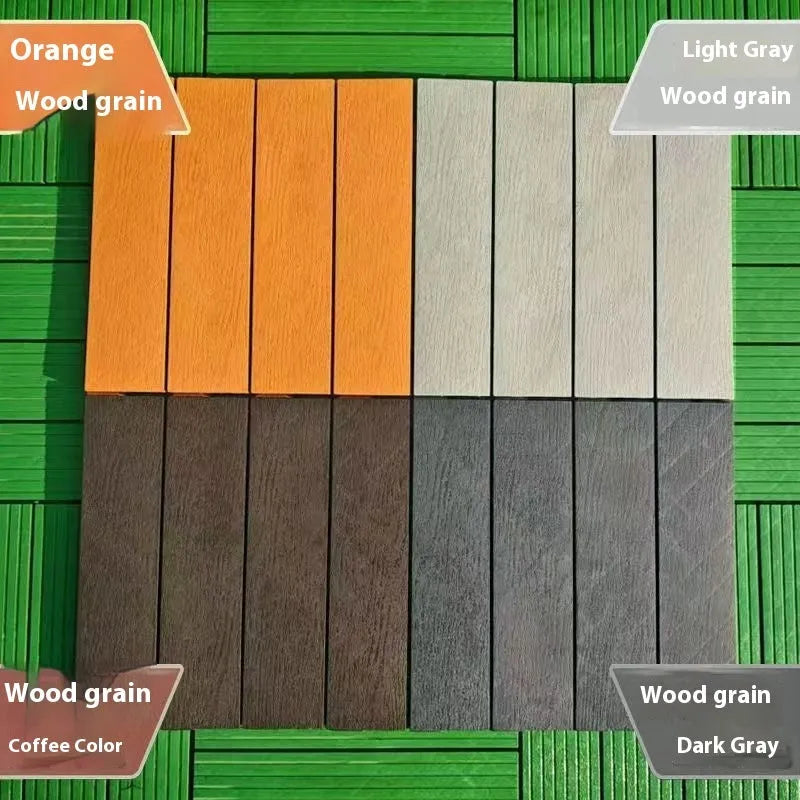 Plastic interlocking floor tiles in wood grain pattern, showing brown and grey colour options.