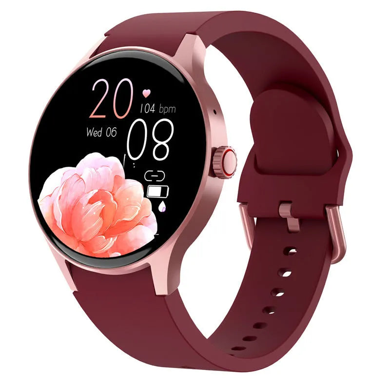 Black smart sport watch with round touch screen on a wrist, showing fitness stats.