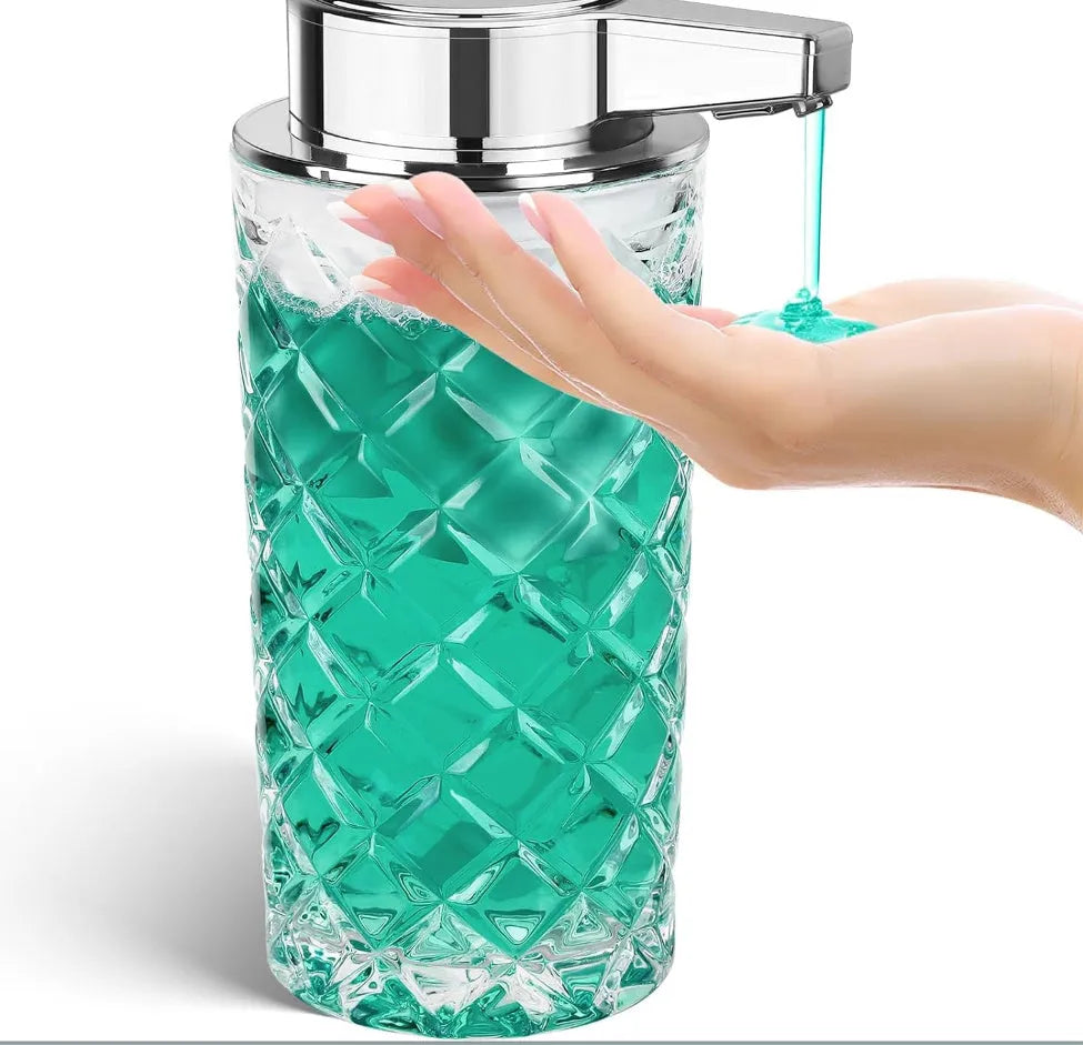 Silver automatic soap dispenser with sensor and Type-C charging port on a bathroom counter.