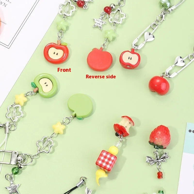Plastic fruit pattern keychain charm with rope attachment for phone and bag decoration