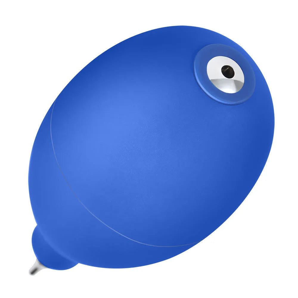 Blue and black handheld rubber dust blower cleaning tool for cameras and electronics.