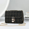 Woolen twist lock shoulder bag with gold silk contrast colour, clamshell design, and chain accent in beige