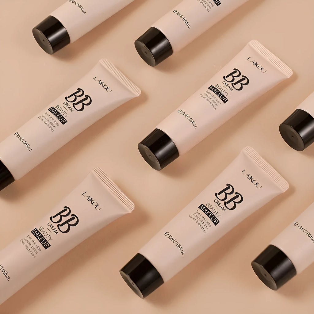 30ml tube of BB cream foundation showing nine shade options from ivory white to dark brown.