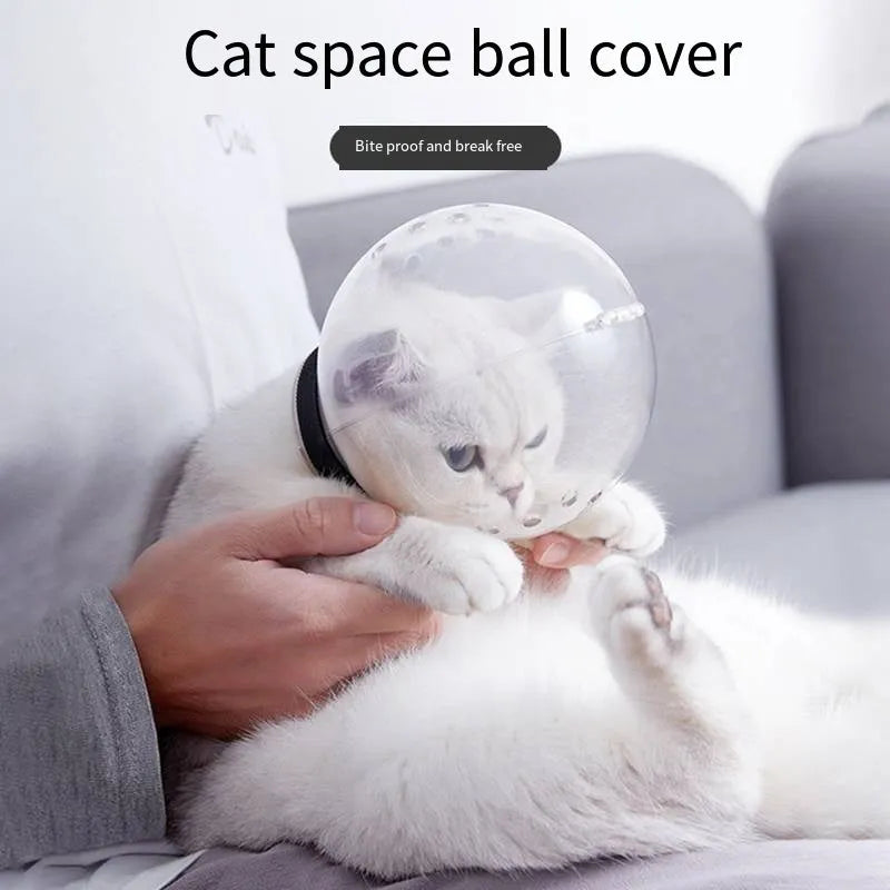 Transparent plastic cat muzzle hood with adjustable Velcro strap shown in three sizes.