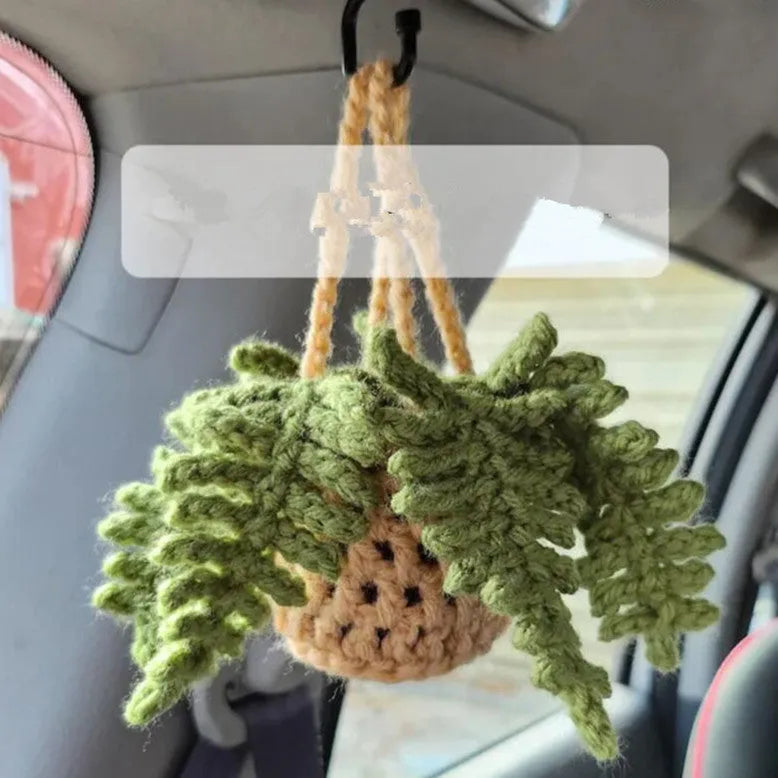 Green and white knitted car plant ornament with 8cm basin base and hanging rope for vehicle interiors