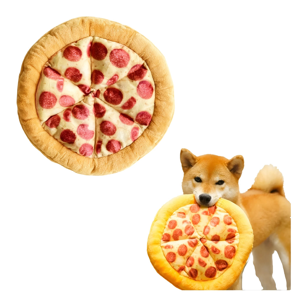 Yellow pizza slice plush dog chew toy with textured grinding surface