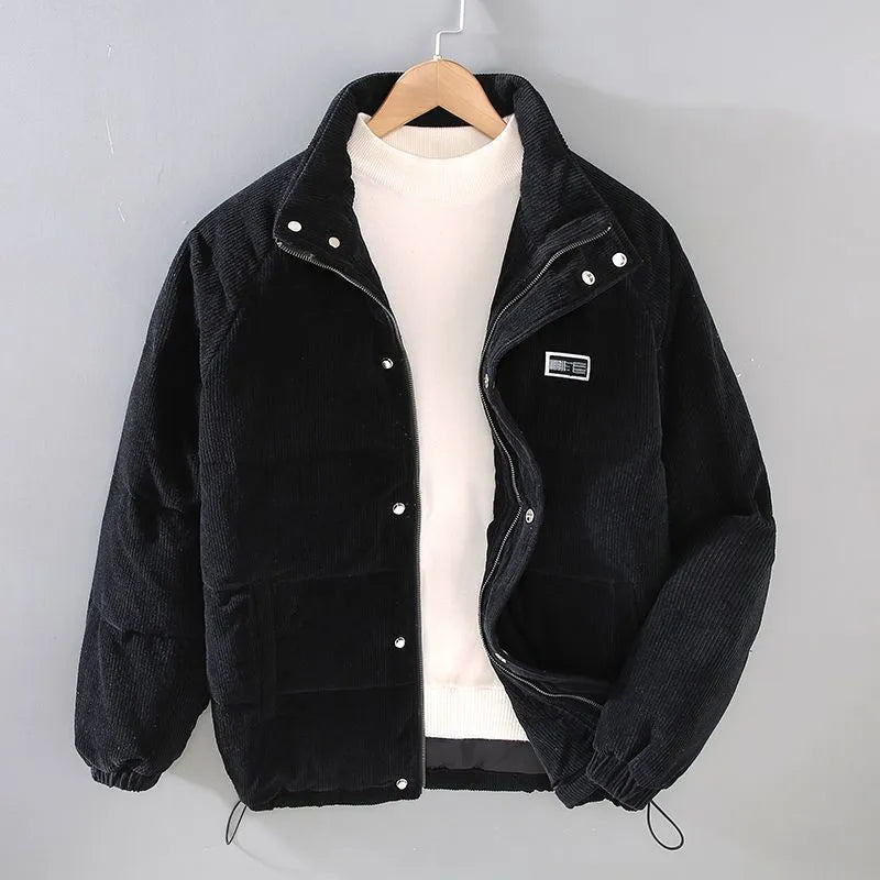 Men's thick corduroy jacket with cotton lining, long sleeves, striped pattern in khaki colour