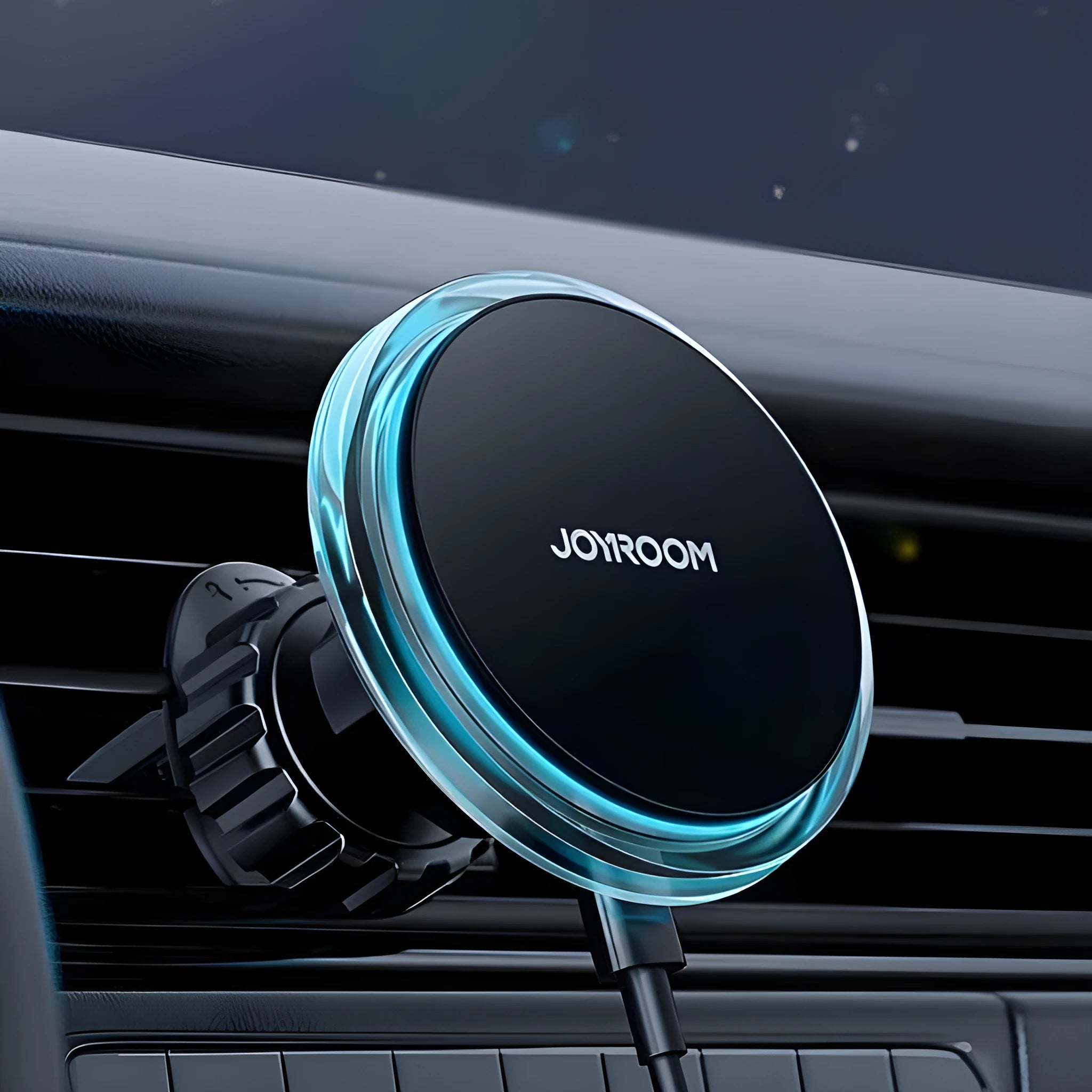 Black magnetic wireless charging car mount attached to car air vent with phone secured