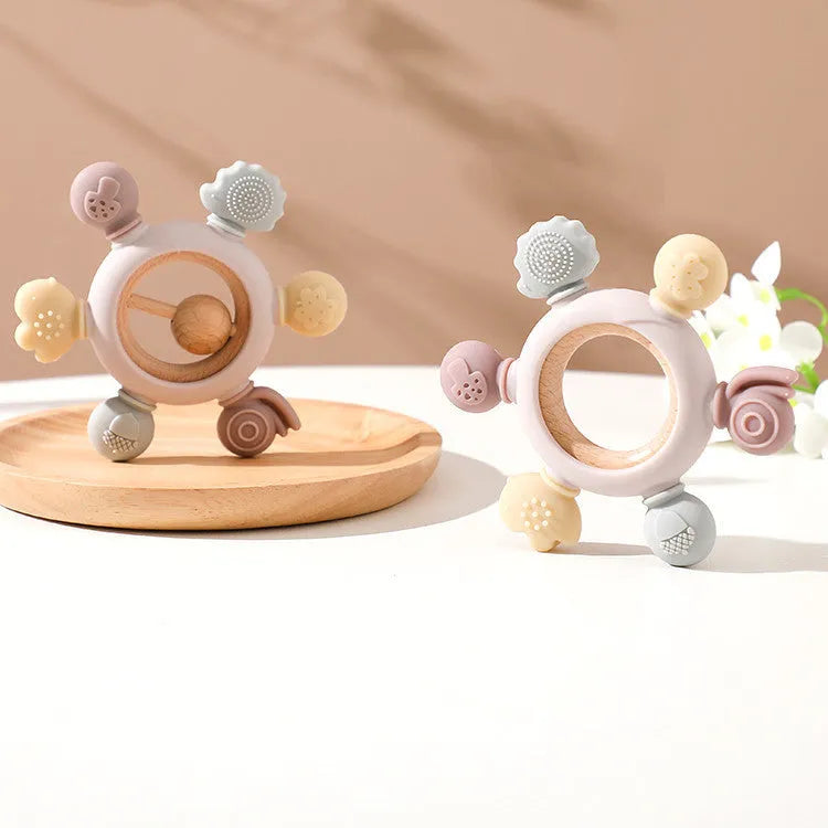 Silicone forest-themed baby teether molar stick toy with textured bumps for gum massage