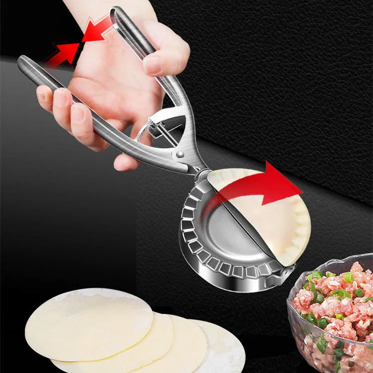 Silver stainless steel kitchen dumpling mould with handle for manual pressing