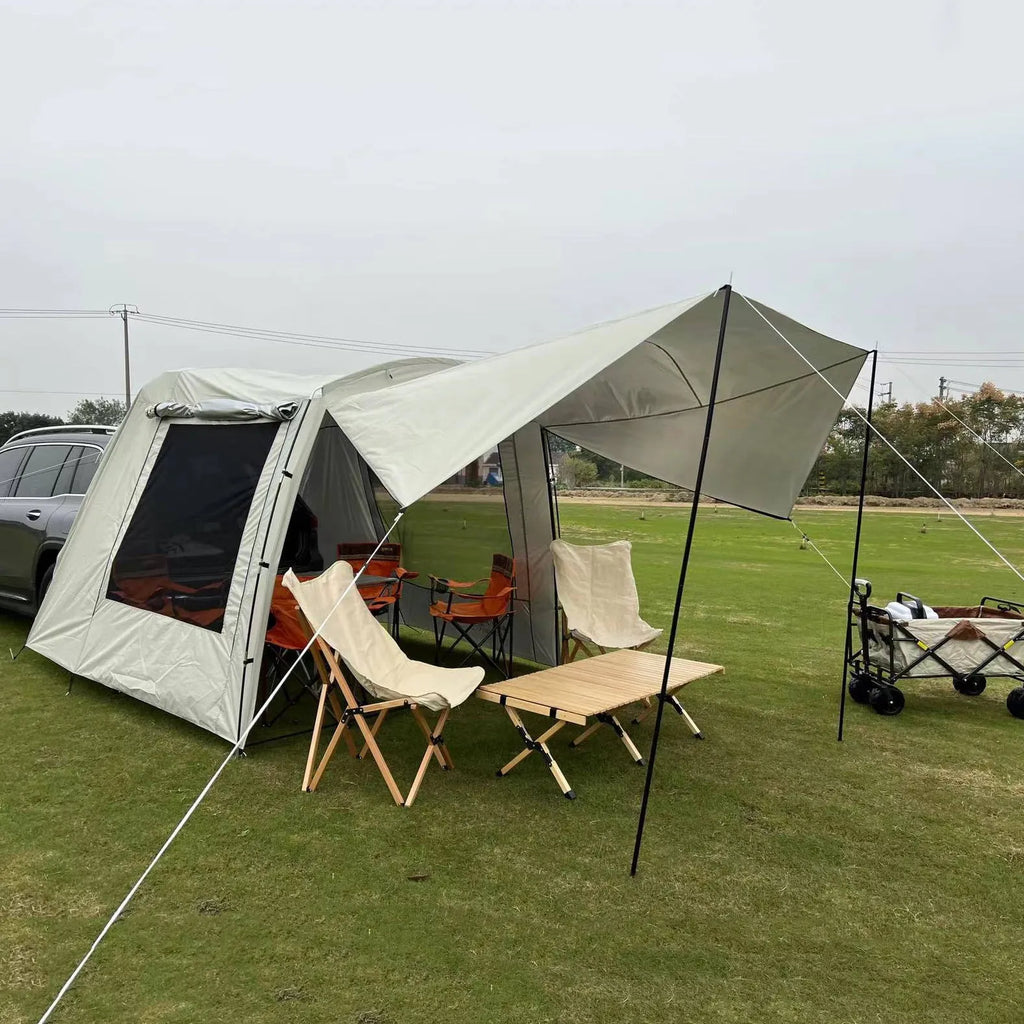 Outdoor camping tail extension tent attached to car boot with anti-UV fabric and mesh windows