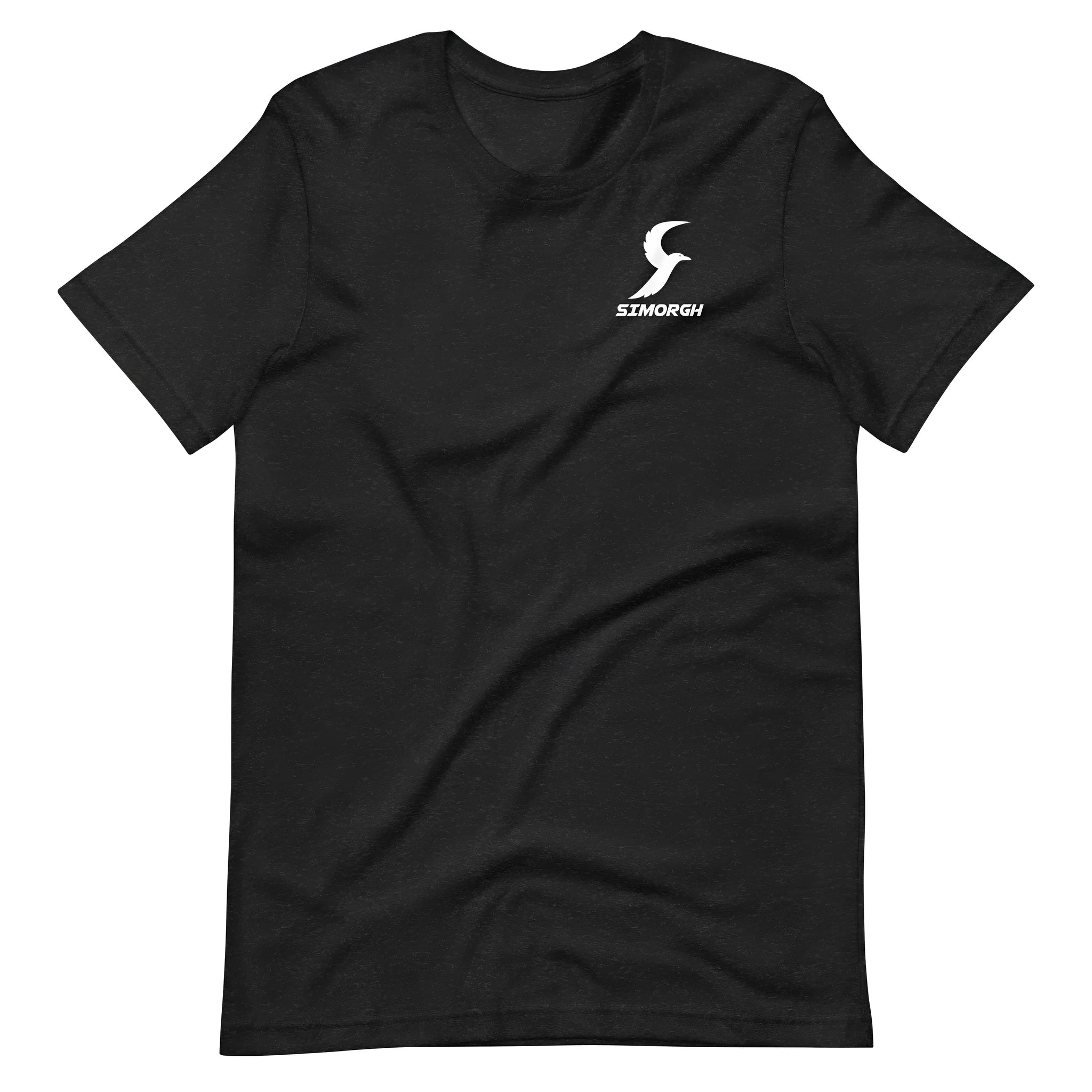 Straight cut black cotton T-shirt with a round neck and short sleeves on a plain background.