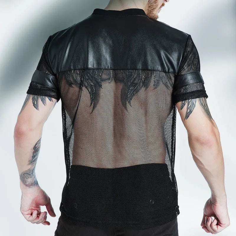 Black men's breathable mesh sports T-shirt with V-neck design and stitching detail