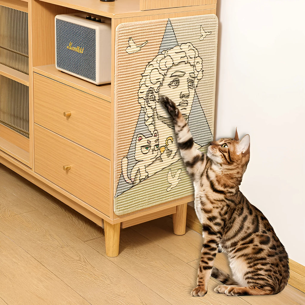 Printed sisal cat scratching pad with cartoon design, adhesive backing, 7mm thick, 40x60cm size