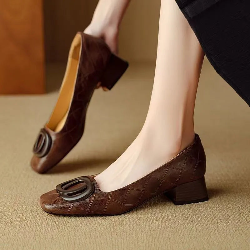 Women's microfiber flat pumps with mid chunky heel, square toe and buckle, light brown or black, sizes 35-40.