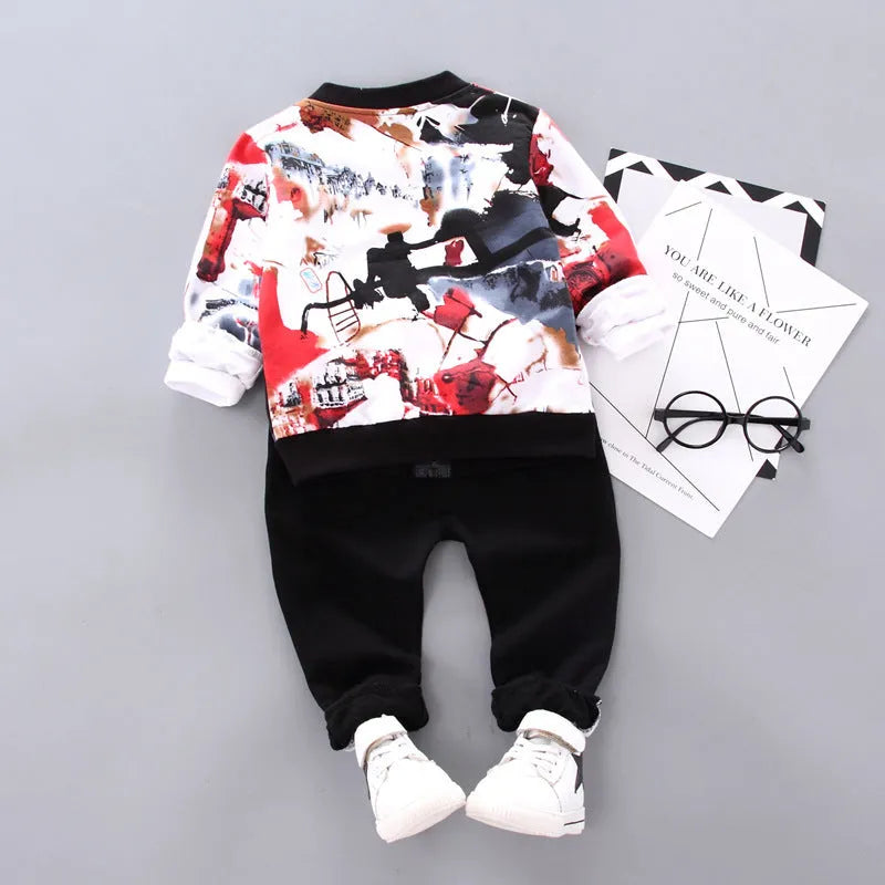Boys three-piece Korean style black pants suit with long sleeves non-hooded soft fabric set