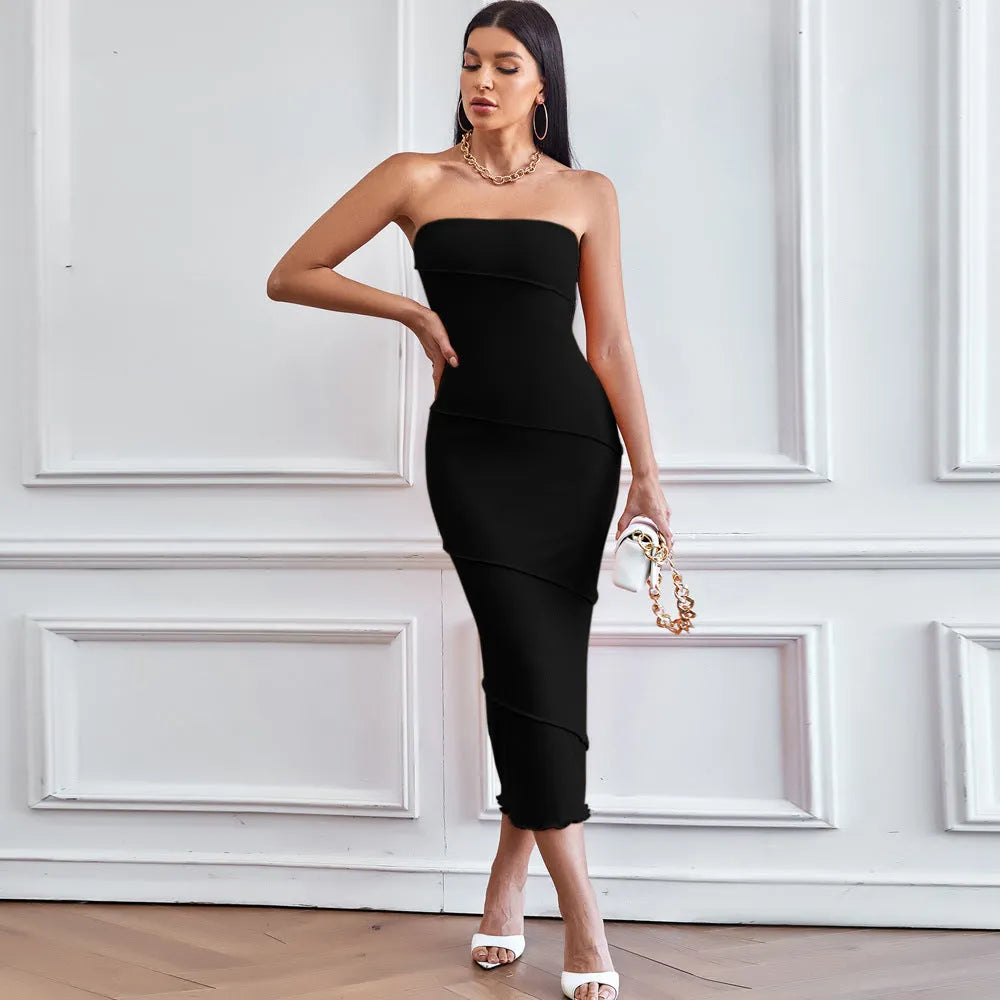 Sexy strapless solid colour bodycon beach dress with A-line skirt in black orange wine red