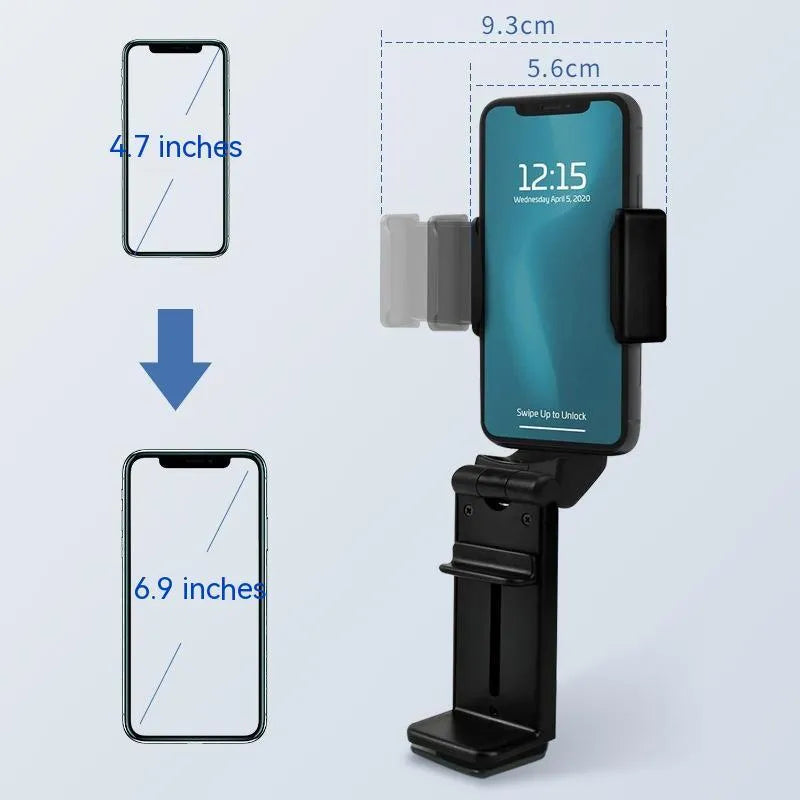 H22 Black collapsible desktop phone holder showing 360-degree rotation mechanism
