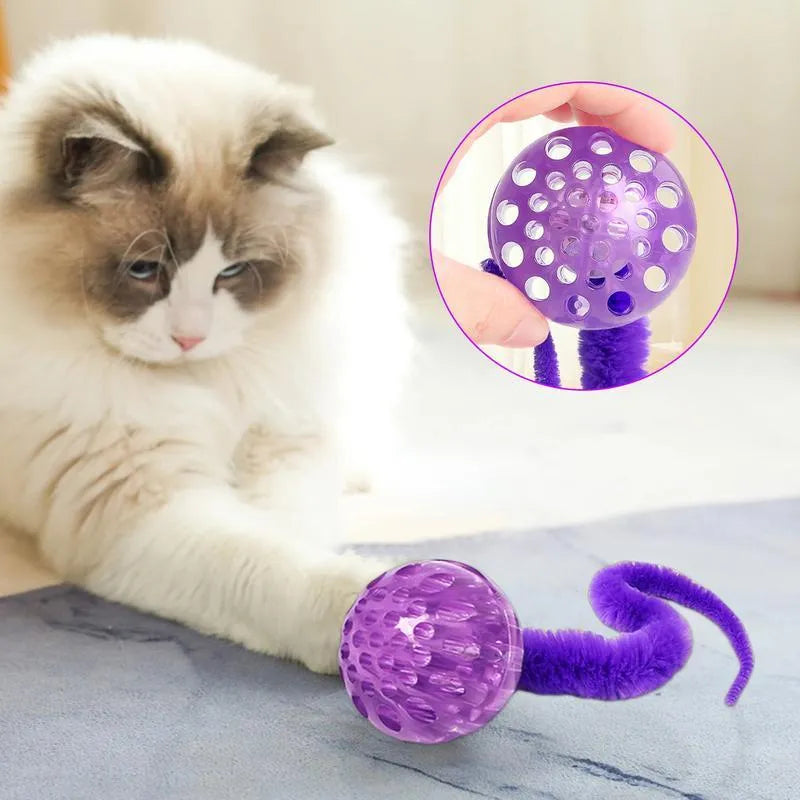 TPR interactive cat ball toy with attached worm tail in green, pink or purple colours