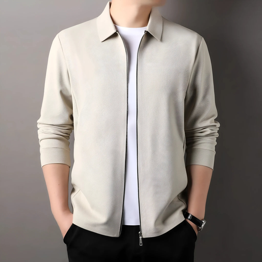 Men's polyester jacket in black, dark grey or apricot with regular sleeves and straight hem