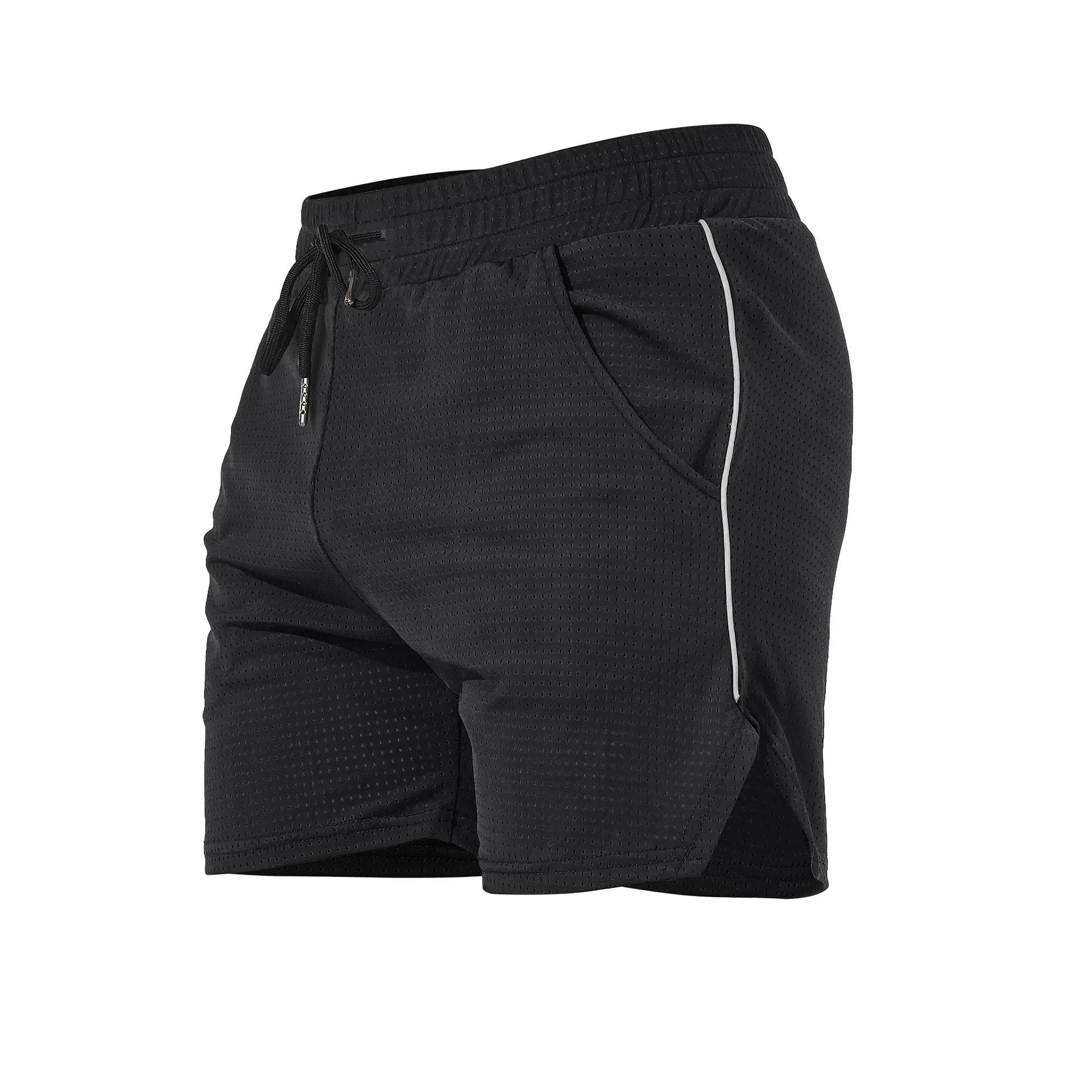 Men's straight-cut polyester sports shorts in black, available in sizes M to 3XL for fitness and casual wear
