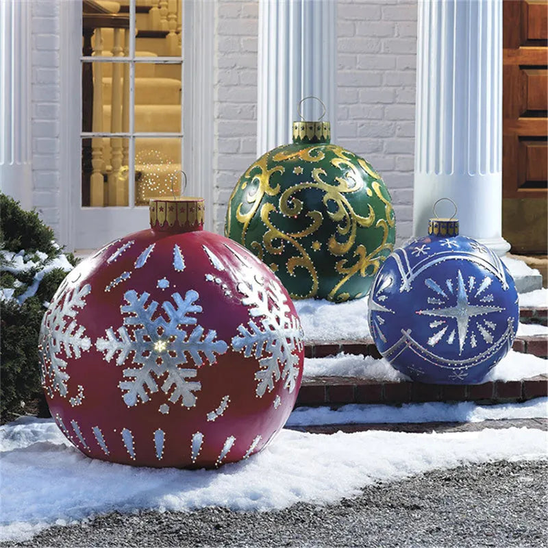 Large 60cm diameter inflatable PVC Christmas decoration ball in bright colours for outdoor use.