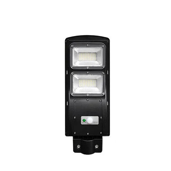 Integrated solar-powered 60W LED street light with remote control for outdoor use.