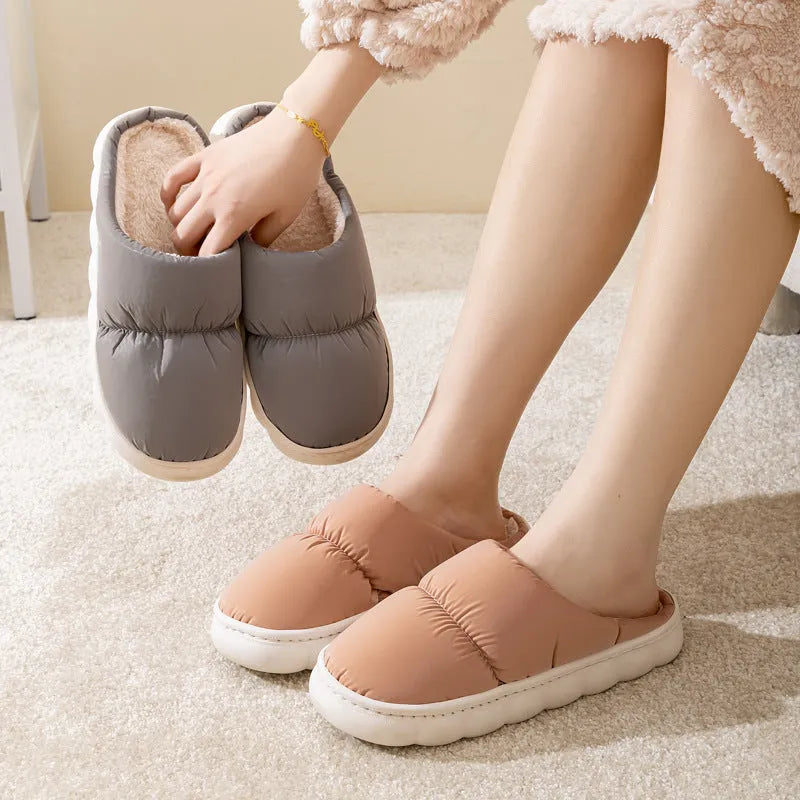 Down cotton slippers with rubber soles and artificial leather uppers in multiple colours