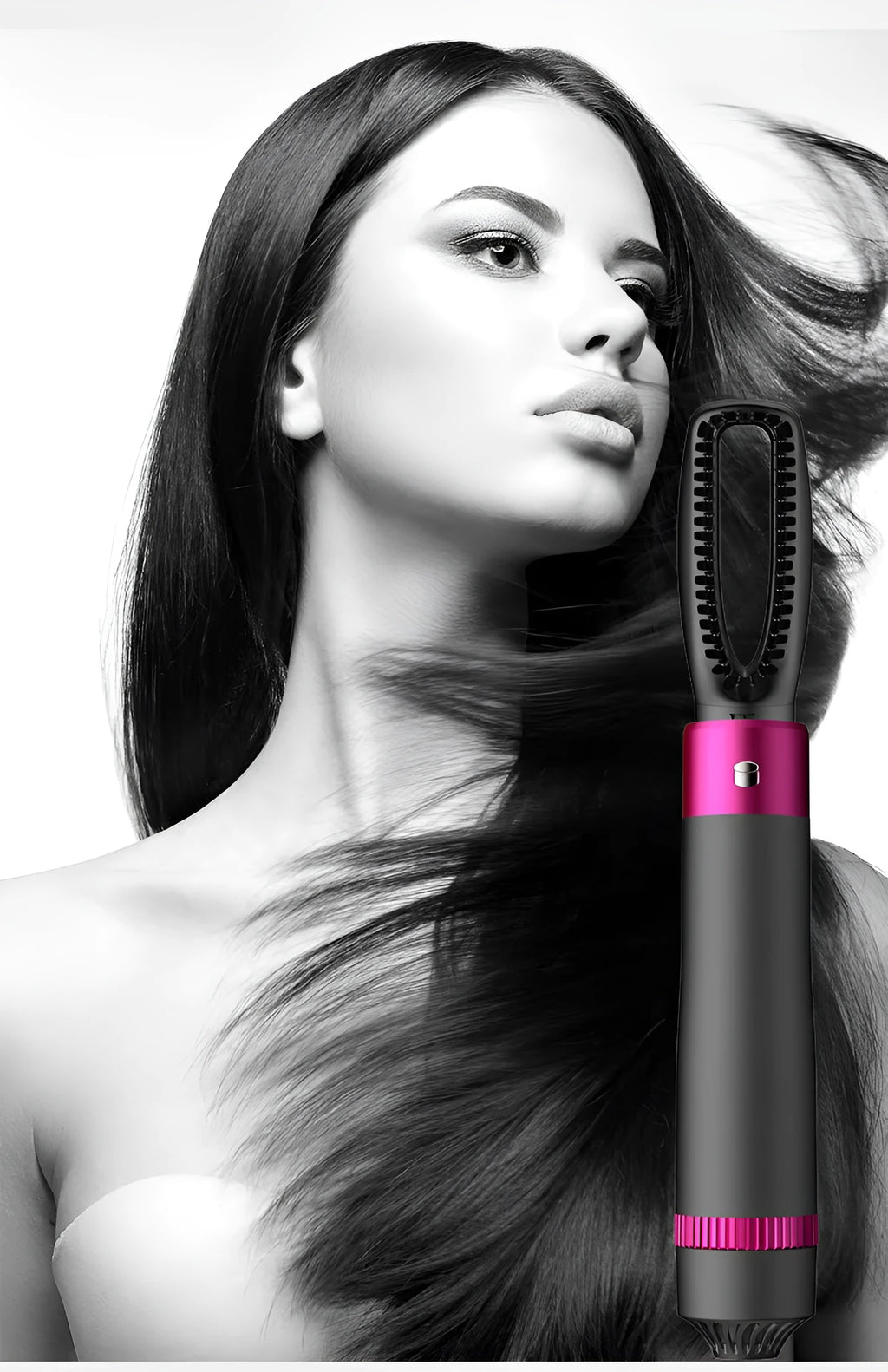Dyson grey 5-in-1 hair dryer brush styling tool with multiple brush attachments on a white background.