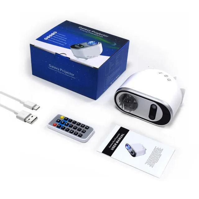 White Aurora Borealis star projector lamp with remote control projecting green stars and Northern Lights on wall